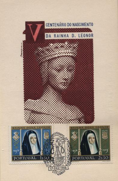 0560.jpg -     Lote:    560                   Descrição:         Rainha D. Leonor (5.º Centenário do Nascimento). CE843/846. Lote de 3 postais máximos : um com selo de 1$00, outro com selos de 1$50 e 2$30 e outro com selos de 1$00 e 4$10. Todos obliterados com carimbo do 1.º dia de circulação de Lisboa (17.12.58).        PM       Valor Base:     &euro; 10,00     Valor Venda:     &euro; 16,00     