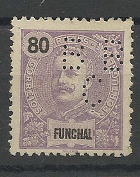 0623.jpg -     Lote:    623                   Descrição:         Perfurados &mdash; 1895/96 &mdash; D. Carlos I Mouchon. CE134, 80 reis lilás. Selo perfurado com B B / C. Raros os exemplares novos.        *       Valor Base:     &euro; 10,00     Valor Venda:     &euro; 14,00     