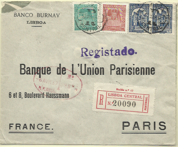 0627.jpg -     Lote:    627      Ver lote 683             Descrição:         Perfurados. 1935 &mdash; Infante D. Henrique + Sé de Coimbra. Sobrescrito circulado registado de Lisboa (30.03.37) para Paris (06.04.37) com selos de 10 e 15c CE568/569 e par de 1$75 CE575, todos perfurados com "B.B. &mdash; Banco Burnay".        Carta       Valor Base:     &euro; 25,00     Valor Venda:     &euro; 40,00     