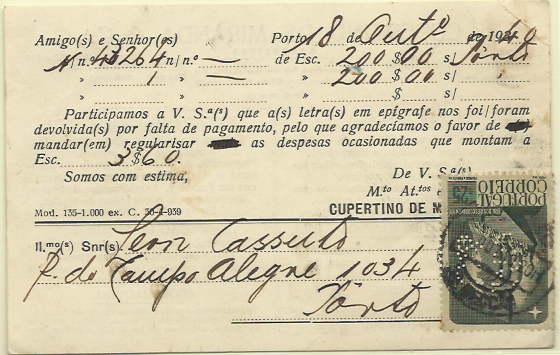 0628.jpg -     Lote:    628      Ver lote 683             Descrição:         Perfurados * 1940 &mdash; Centenários da Fundação e Restauração de Portugal. CE593, 25c verde oliva, sobre postal ilustrado circulado no Porto (18.10.40), perfurado com "C M & C &mdash; Cupertino de Miranda & C.ª". B e R.        PI       Valor Base:     &euro; 30,00     Valor Venda:     &euro; 50,00     