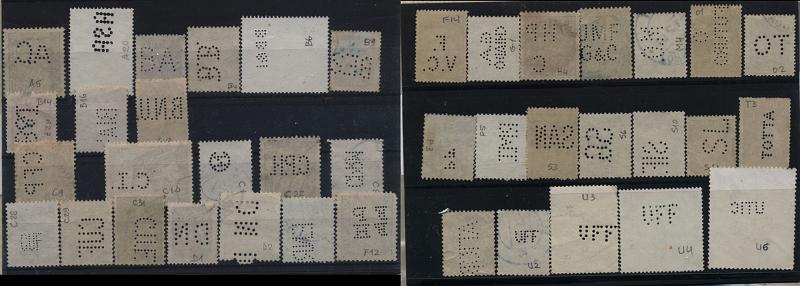 0629.jpg -     Lote:    629      Ver lote 683             Descrição:         Perfurados. Portugal. Lote com 40 selos com diferentes perfurações. Algumas de raridade elevada. Lote a ver.        Lote       Valor Base:     &euro; 30,00     Valor Venda:     &euro; 34,00     