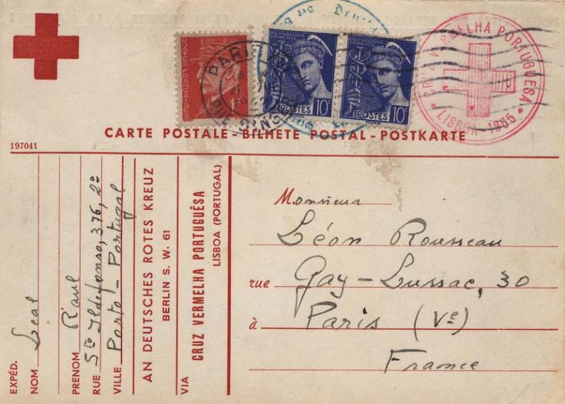 0750.jpg -     Lote:    750      Correio Militar e Censuras      Portugal       Descrição:         1939/45 &mdash; 2.ª Guerra Mundial. Isentos de Franquia. Serviço de Prisioneiros de Guerra da Cruz Vermelha Portuguesa. Inteiro postal isento de franquia circulado de Lisboa (28.06.42) para França, onde foi franquiado com 1F20. Carimbo datado batido a vermelho "CRUZ VERMELHA PORTUGUESA / LISBOA - 1865".        IC       Valor Base:     &euro; 80,00     Valor Venda:     Retirado     