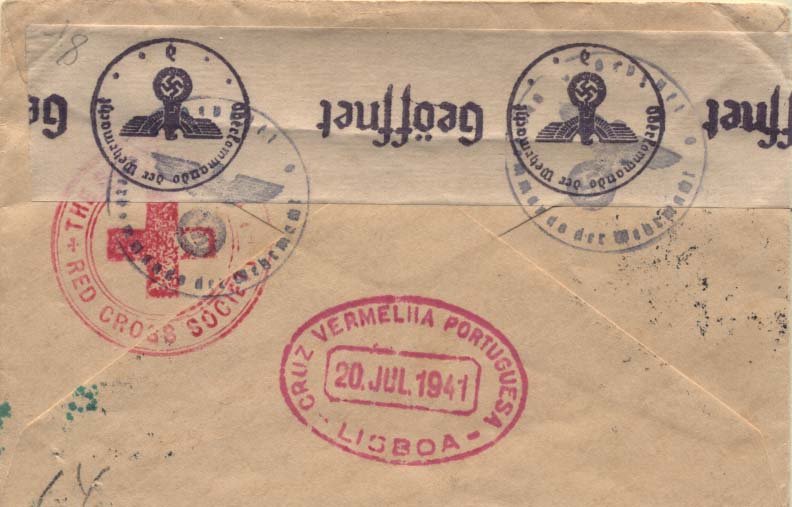 0752.jpg -     Lote:    752      Correio Militar e Censuras      Portugal       Descrição:         1939/45 &mdash; 2.ª Guerra Mundial. Serviço de prisioneiros de Guerra da Cruz Vermelha Portuguesa. Sobrescrito circulado de Lisboa (21.07.41) para a Dinamarca com selo CE598. Carimbos batidos a vermelho da CRUZ VERMELHA PORTUGUESA. Censura alemã.        Carta       Valor Base:     &euro; 30,00     Valor Venda:     &euro; 75,00     