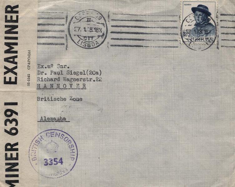 0753.jpg -     Lote:    753      Correio Militar e Censuras      Portugal       Descrição:         1939/45 &mdash; 2.ª Guerra Mundial. Censuras. Sobrescrito circulado com selo de 1$75 costumes portugueses * 2.ª emissão CE682 de Lisboa (27.01.48) para a Alemanha. Censura inglesa do seu sector com cinta e carimbo batido a violeta.        Carta       Valor Base:     &euro; 6,00     Valor Venda:     &euro; 6,00     