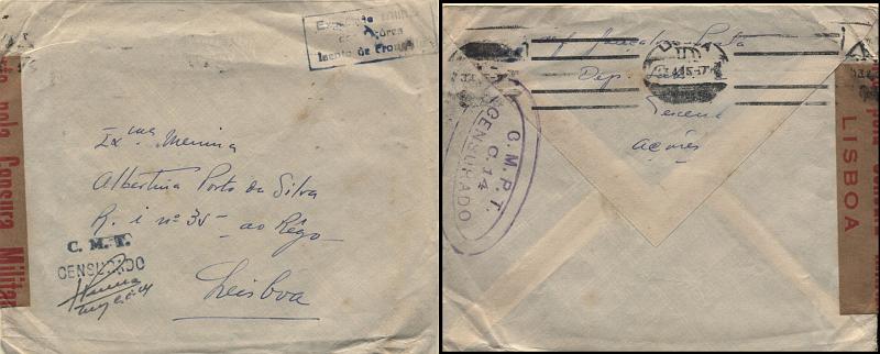 0757.jpg -     Lote:    757      Correio Militar e Censuras      Portugal       Descrição:         1939/45 &mdash; 2.ª Guerra Mundial. Isentos de franquia e censuras. Sobrescrito circulado da Terceira para Lisboa (13.04.45). Carimbo de isenção batido a azul "EXPEDIÇÃO MILITAR / AOS AÇORES / ISENTO DE FRANQUIA". Censura por carimbo batido a azul "C. M. T. / CENSURADO" e cinta em papel kraft com inscrições a vermelho de Lisboa.        Carta       Valor Base:     &euro; 15,00     Valor Venda:     Retirado     