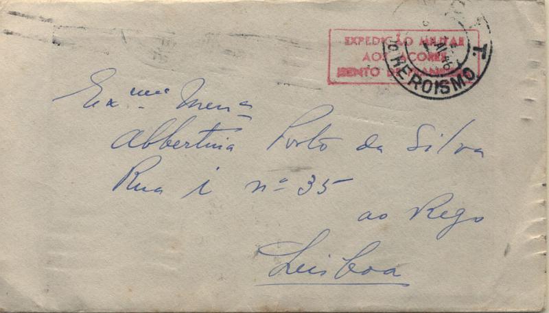 0758.jpg -     Lote:    758      Correio Militar e Censuras      Portugal       Descrição:         1939/45 &mdash; 2.ª Guerra Mundial. Isentos de Franquia. Sobrescrito circulado isento de franquia de Angra do Heroísmo (31.05.46) para Lisboa (13.06.46). Carimbo de isenção batido a vermelho "EXPEDIÇÃO MILITAR / AOS AÇORES / ISENTO DE FRANQUIA".        Carta       Valor Base:     &euro; 15,00     Valor Venda:     Retirado     