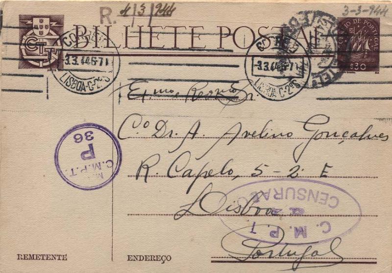 0760.jpg -     Lote:    760      Correio Militar e Censuras      Ilhas       Descrição:         1914/19 &mdash; 1.ª Guerra Mundial * Censuras. Quatro inteiros postais tipo Caravela de $30 OM98 circulado de Angra do Heroísmo para Lisboa: três com carimbos ovais batidos a violeta "C.M.T / S.C.M. / CENSURA" dos censores 4, 6, 10 e outro com carimbo batido a violeta "C.M.P.T. / C. 2 / CENSURADO.".        IC       Valor Base:     &euro; 10,00     Valor Venda:     Retirado     