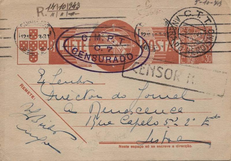 0761.jpg -     Lote:    761      Correio Militar e Censuras      Ilhas       Descrição:         1914/19 &mdash; 1.ª Guerra Mundial * Censuras. Inteiro postal Tudo pela Nação de $30 OM94, circulado de Angra do Heroísmo para Lisboa com dois carimbos de censura.         IC       Valor Base:     &euro; 6,00     Valor Venda:     &euro; 8,00     
