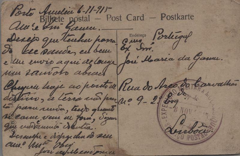 0769.jpg -     Lote:    769      Correio Militar e Censuras      Moçambique       Descrição:         1914/19 &mdash; 1.ª Guerra Mundial. Expedição Militar a Moçambique. Isentos de franquia. Lote de 6 postais ilustrados, todos circulados isentos de franquia de Porto Amélia em 06.11.15, 05.01.16, 25.01.16, 12.02.16, 22.03.16, 17.04.16. Carimbos batidos em tonalidades de cores desde vermelho a violeta. Bom lote para estudo das cores dos carimbos. MB e R.        Lote       Valor Base:     &euro; 200,00     Valor Venda:     Retirado     