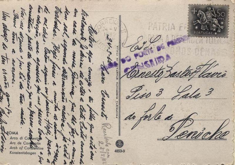 0775.jpg -     Lote:    775      Correio Militar e Censuras      Censuras Políticas       Descrição:         1962 &mdash; Censuras políticas &mdash; Postal ilustrado com selo de $50 Cavaleiro Medieval, circulado de Lisboa (24.05.62) para Peniche. Carimbo de censura batido a violeta "CADEIA DO FORTE DE PENICHE / CENSURA".        PI       Valor Base:     &euro; 8,00     Valor Venda:     &euro; 14,00     