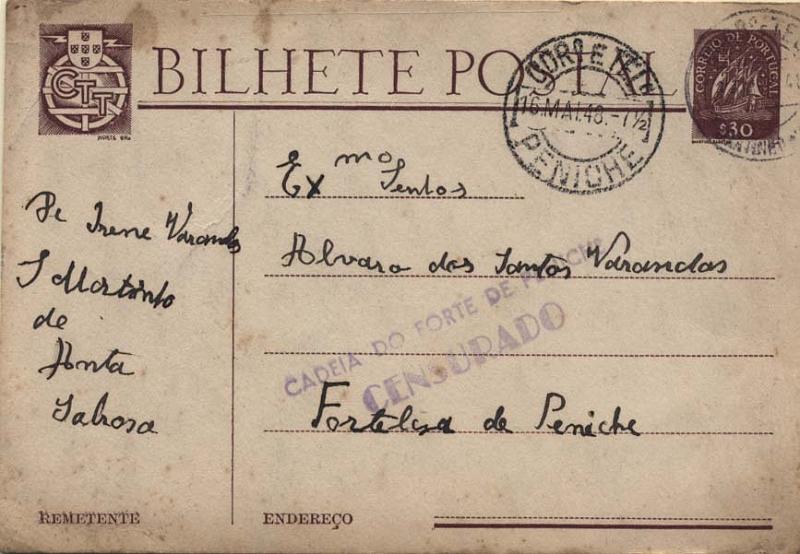 0776.jpg -     Lote:    776      Correio Militar e Censuras      Censuras Políticas       Descrição:         1948 &mdash; Censuras políticas &mdash; Inteiro Postal OM98, circulado de Sabrosa (14.05.48) para Peniche (16.05.48). Carimbo de censura batido a violeta "CADEIA DO FORTE DE PENICHE / CENSURADO".        IC       Valor Base:     &euro; 8,00     Valor Venda:     &euro; 14,00     