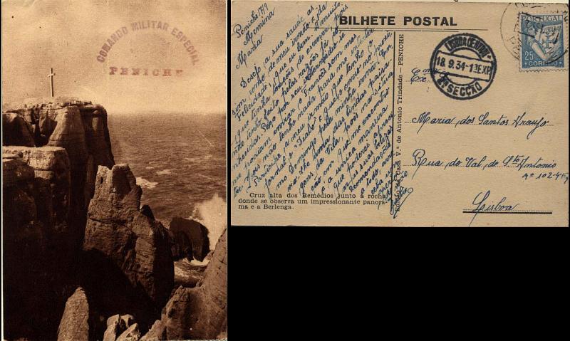 0777.jpg -     Lote:    777      Correio Militar e Censuras      Censuras Políticas       Descrição:         1934 &mdash; Censuras políticas &mdash; Postal ilustrado circulado de Peniche (17.09.34) para Lisboa (18.09.34). Carimbo de censura batido a violeta "COMANDO MILITAR ESPECIAL / PENICHE".        PI       Valor Base:     &euro; 10,00     Valor Venda:     &euro; 10,00     