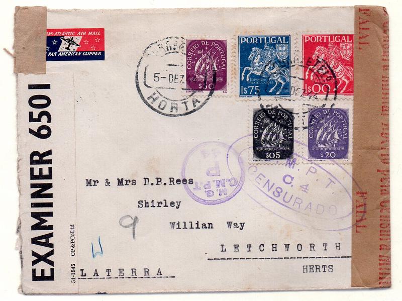 0779.jpg -     Lote:    779      Correio Militar e Censuras      Censuras Políticas       Descrição:         2.ª Guerra Mundial. Censuras. Sobrescrito circulado da Horta (05.12.44) para Inglaterra, com trânsito por Lisboa (09.12.44). Censura. Cinta em papel kraft com legendas impressas a vermelho do Faial e carimbos de censura batidos a violeta. MB.        Carta       Valor Base:     &euro; 15,00     Valor Venda:     &euro; 15,00     