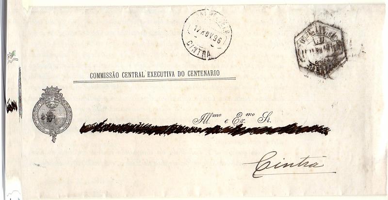 0780.jpg -     Lote:    780      Isentos de franquia             Descrição:         Comissão Central Executiva do Centenário da Índia. Circular isenta de franquia de Lisboa (16.11.96) para Sintra (17.11.96).        Carta       Valor Base:     &euro; 15,00     Valor Venda:     Retirado     