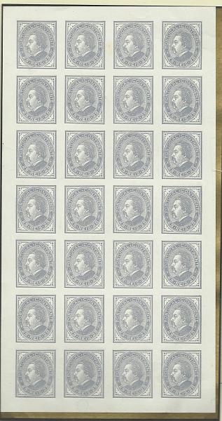 0783.jpg -     Lote:    783            Portugal       Descrição:         1879/81 &mdash; D. Luís I. De perfil. CE54, 25 reis. Desenho e gravura a madeira de João Pedroso Gomes da Silva. Tipo III (1880). Folha completa com 28 provas não denteadas, em papel liso médio, em cinzento ardósia. OM141. MB e MR.        PRV       Valor Base:     &euro; 300,00     Valor Venda:     &euro; 320,00     