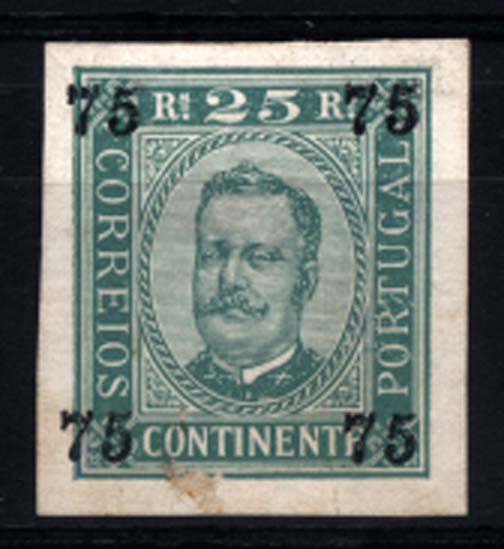 0785.jpg -     Lote:    785            Portugal       Descrição:         1892 &mdash; D. Carlos I. Diogo Neto. Comissão Filatélica. Sobretaxas nas 4 cartas. B1 &mdash; 75 s/ 25 reis verde. OM389.        PRV       Valor Base:     &euro; 50,00     Valor Venda:     Retirado     