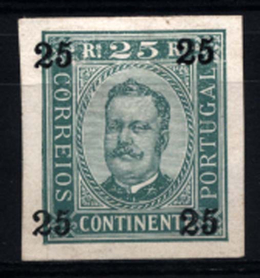 0786.jpg -     Lote:    786            Portugal       Descrição:         1892 &mdash; D. Carlos I. Diogo Neto. Comissão Filatélica. Sobretaxas nas 4 cartas. B1 &mdash; 25 s/ 25 reis verde. OM389.        PRV       Valor Base:     &euro; 50,00     Valor Venda:     Retirado     