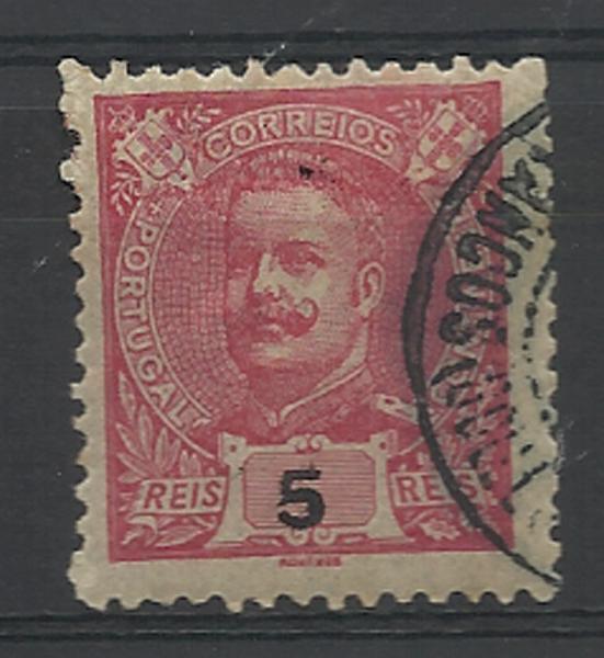 0788.jpg -     Lote:    788            Portugal       Descrição:         1895/96 &mdash; D. Carlos I Mouchon. CE98, 5 reis. Prova em carmim utilizada no correio e obliterada com CCD de "BARRANCOS (GOLLEGAN)"        O       Valor Base:     &euro; 10,00     Valor Venda:     &euro; 14,00     