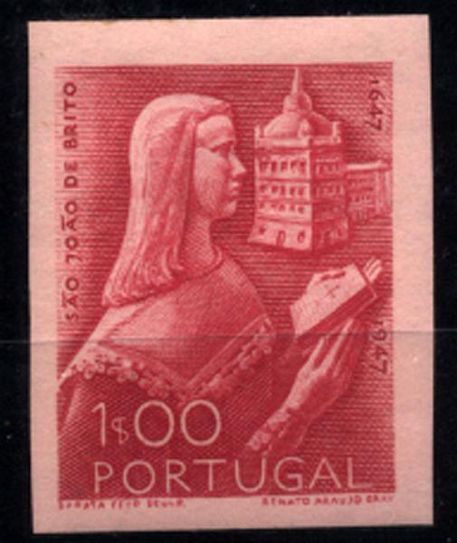 0791.jpg -     Lote:    791            Portugal       Descrição:         1948 &mdash; 3.º Centenário do Nascimento de S. João de Brito. CE693, 1$00. Prova não denteada em vermelho claro s/ rosa. OM2441.        PRV       Valor Base:     &euro; 10,00     Valor Venda:     Retirado     