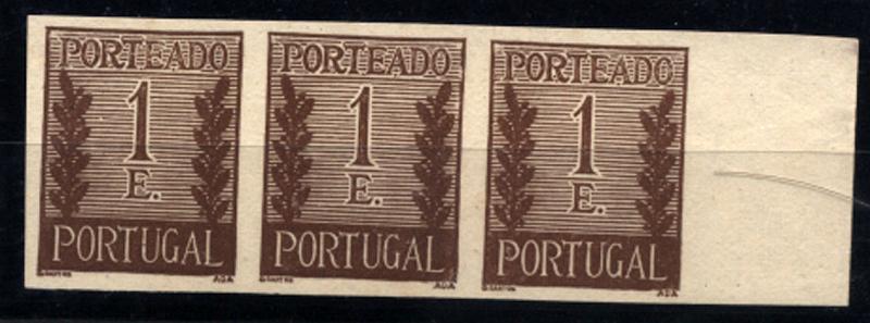 0800.jpg -     Lote:    800            Portugal       Descrição:         1940 &mdash; Porteado. Algarismo ladeado de ramos. POR CE62, 1$00 castanho. Tira horizontal de 3 provas não dentadas, na cor aprovada.        PRV       Valor Base:     &euro; 8,00     Valor Venda:     Retirado     