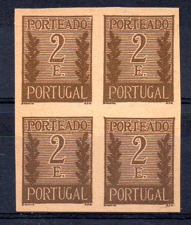 0801.jpg -     Lote:    801            Portugal       Descrição:         1940 &mdash; Porteado. Algarismo ladeado de ramos. CE63, 2E. Quadra de provas não denteadas em castanho sobre papel camurça (cor e papel não aprovados).        PRV       Valor Base:     &euro; 6,00     Valor Venda:     Retirado     