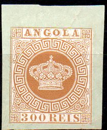 0805.jpg -     Lote:    805            Angola       Descrição:         1870/77 &mdash; Tipo Coroa. CE9, 300 reis. Prova não denteada em papel porcelana colorido, castanho s/ verde. B.        PRV       Valor Base:     &euro; 10,00     Valor Venda:     &euro; 14,00     