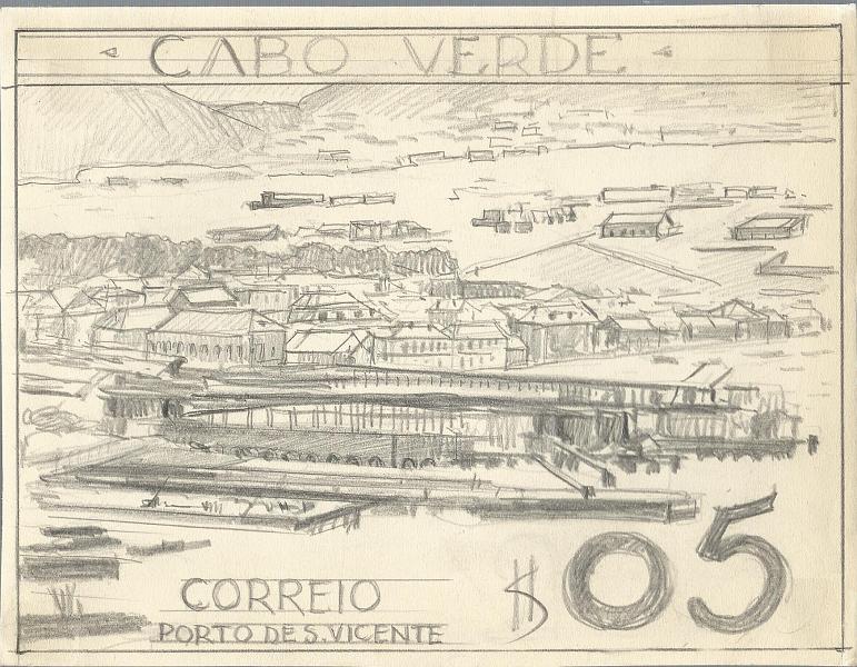 0806.jpg -     Lote:    806            Cabo Verde       Descrição:         1948 &mdash; Vistas de Cabo Verde. Desenho a lápis não aprovado para o selo de $05 com vista do Porto de S. Vicente. Não assinado mas atribuível a Alberto de Sousa. MB.        PRV       Valor Base:     &euro; 125,00     Valor Venda:     Retirado     