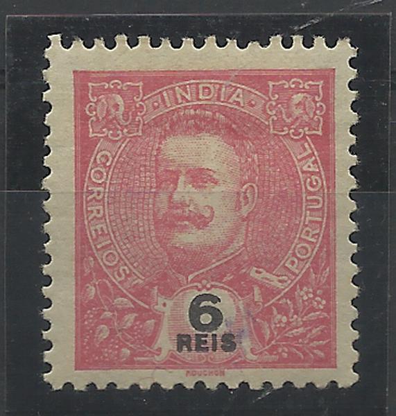 0808.jpg -     Lote:    808            Índia       Descrição:         1903 &mdash; D. Carlos I tipo Mouchon. Prova em rosa com a taxa de 6 reis. Cor não aprovada para este valor.        PRV       Valor Base:     &euro; 20,00     Valor Venda:     Retirado     