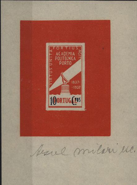 0825.jpg -     Lote:    825            Portugal       Descrição:         1937 &mdash; Emissões projectadas. Centenário da Academia Politécnica do Porto. 10C. Prova de artista em vermelho. Legenda do valor em azul. Inscrições marginais. OM2196 MB e R.        PRV       Valor Base:     &euro; 20,00     Valor Venda:     &euro; 34,00     