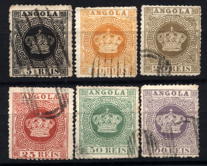 0833.jpg -     Lote:    833            Angola       Descrição:         1870 &mdash; Tipo Coroa. Lote de 6 selos de 5, 10, 20, 25, 50 e 100 reis. FALSOS SPIROS.        O       Valor Base:     &euro; 15,00     Valor Venda:     &euro; 20,00     