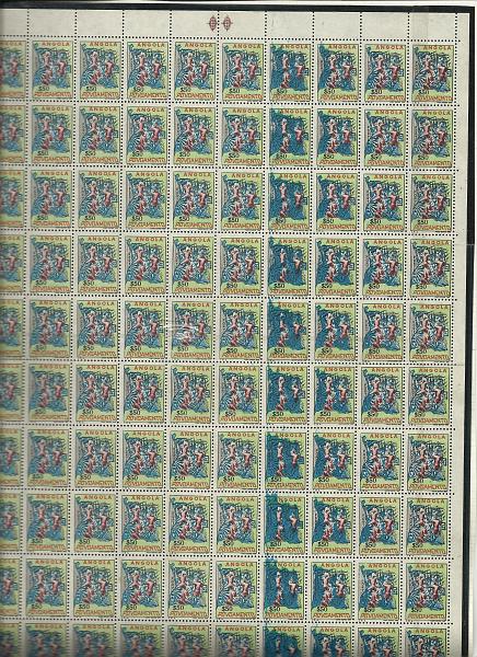 0837.jpg -     Lote:    837            Angola       Descrição:         1965 &mdash; Imposto Postal * Povoamento. Mapa de Angola. CE IP18, $50. Folha completa com 100 selos, com impressão defeituosa nas 4 colunas finais (excesso de tintagem). Defeito muito interessante.        ***       Valor Base:     &euro; 30,00     Valor Venda:     &euro; 30,00     