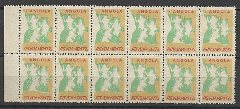 0839.jpg -     Lote:    839            Angola       Descrição:         1965 &mdash; Imposto Postal. Povoamento. Mapa de Angola. CE IP19. Bloco horizontal de 12 selos (6x2) com falta de impressão das cores preta e violeta. MB e R.        *       Valor Base:     &euro; 20,00     Valor Venda:     &euro; 24,00     