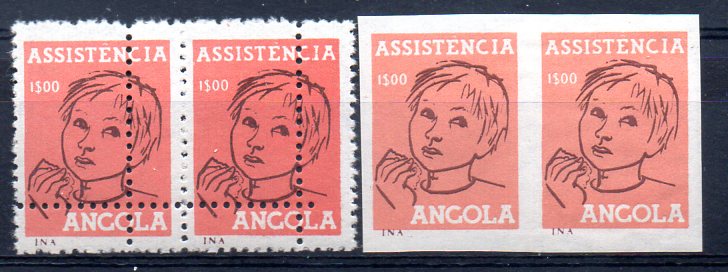 0843.jpg -     Lote:    843            Angola       Descrição:         1965 &mdash; Imposto Postal * Assistência. Colono e Rapaz. Tipo modificados. CE IP20A, 1$00 laranja vermelho. Lote composto por dois pares: um com selos não denteados e outro com o denteado deslocado.        ***/**       Valor Base:     &euro; 10,00     Valor Venda:     &euro; 22,00     