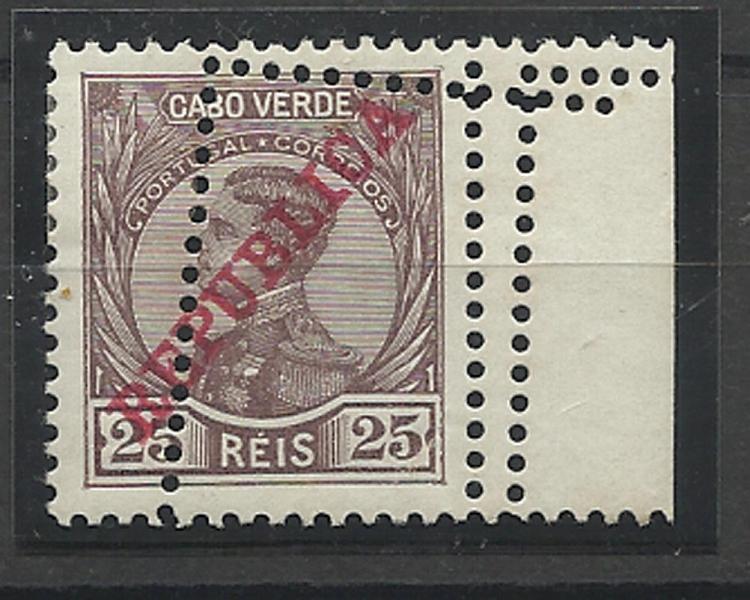 0845.jpg -     Lote:    845            Cabo Verde       Descrição:         1912 &mdash; D. Manuel II com sobrecarga REPUBLICA. CE105, 25 reis castanho. Selo bordo de folha com duplo denteado deslocado. B e R.        **       Valor Base:     &euro; 15,00     Valor Venda:     &euro; 22,00     