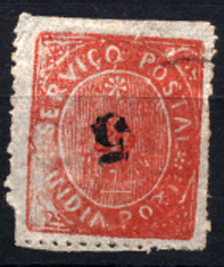 0847.jpg -     Lote:    847            Índia       Descrição:         1881 &mdash; Nativos. Com sobretaxa. CE64, 5 s/ 20 reis vermelho. Selo com a sobretaxa invertida.        *       Valor Base:     &euro; 10,00     Valor Venda:     &euro; 12,00     