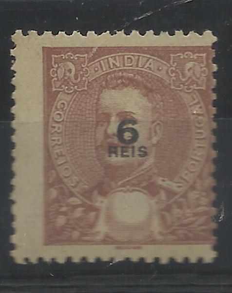 0852.jpg -     Lote:    852            Índia       Descrição:         1898/1900 &mdash; D. Carlos I tipo Mouchon. CE157, 6 reis castanho. Selo com a impressão muito deslocada da taxa. B e R.        **       Valor Base:     &euro; 12,00     Valor Venda:     &euro; 18,00     