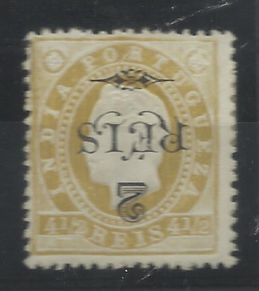 0854.jpg -     Lote:    854            Índia       Descrição:         1902 &mdash; D. Luís I, com sobretaxa. CE168, 2 reis s/ 4 &frac12; reis bistre, papel porcelana, denteado 12 &frac12;. Selo com a sobretaxa invertida. B e MR.        **       Valor Base:     &euro; 30,00     Valor Venda:     &euro; 42,00     