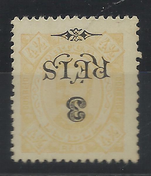 0855.jpg -     Lote:    855            Índia       Descrição:         1902 &mdash; D. Carlos I, com sobretaxa. CE177, 3 reis s/ 4 &frac12; reis amarelo, denteado 12 &frac12;, papel pontinhado. Selo com impressão invertida da taxa. MR.        *       Valor Base:     &euro; 25,00     Valor Venda:     &euro; 25,00     