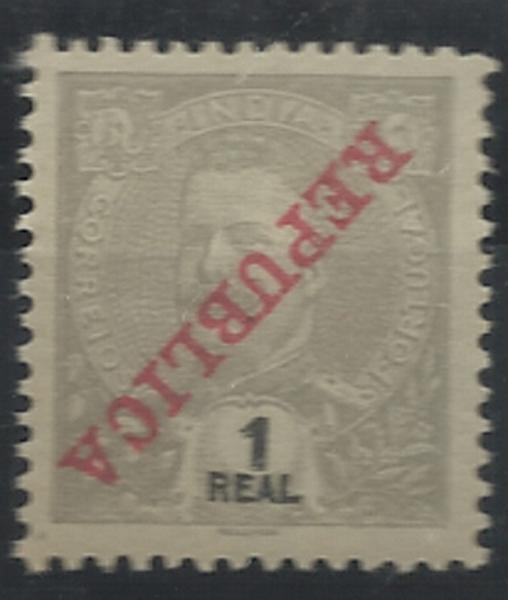0862.jpg -     Lote:    862            Índia       Descrição:         1911 &mdash; D. Carlos I Tipo Mouchon, com sobrecarga REPUBLICA da Casa da Moeda. CE200, 1 real cinzento. Selo com a sobrecarga invertida.        **       Valor Base:     &euro; 12,00     Valor Venda:     Retirado     