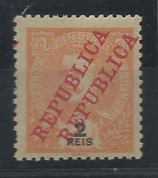 0868.jpg -     Lote:    868            Índia       Descrição:         1911 &mdash; D. Carlos I Tipo Mouchon, com sobrecarga REPUBLICA da Casa da Moeda. CE202, 2 reis laranja. Selo com dupla sobrecarga.        **       Valor Base:     &euro; 12,00     Valor Venda:     &euro; 22,00     
