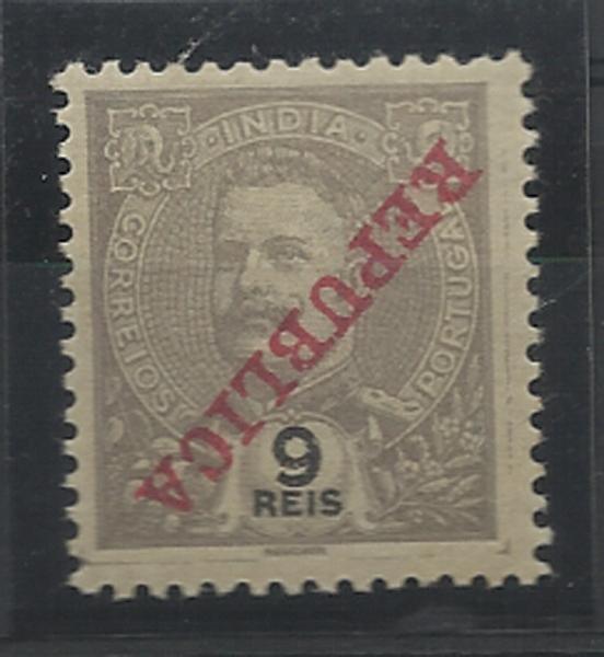 0877.jpg -     Lote:    877            Índia       Descrição:         1911 &mdash; D. Carlos I Tipo Mouchon, com sobrecarga REPUBLICA da Casa da Moeda. CE207, 9 reis lilás malva. Selo com a sobrecarga invertida.        **       Valor Base:     &euro; 12,00     Valor Venda:     &euro; 12,00     