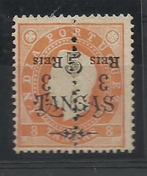 0888.jpg -     Lote:    888            Índia       Descrição:         1911/13 &mdash; D. Luís I com sobretaxa e perfurados "a meio", sobre selos com sobrecarga da emissão de 1902. CE222, 1 real s/ 5T s/ 8T laranja, denteado 13 &frac12;. Sobrecarga B. Selo completo com a sobretaxa final invertida.        *       Valor Base:     &euro; 15,00     Valor Venda:     &euro; 28,00     