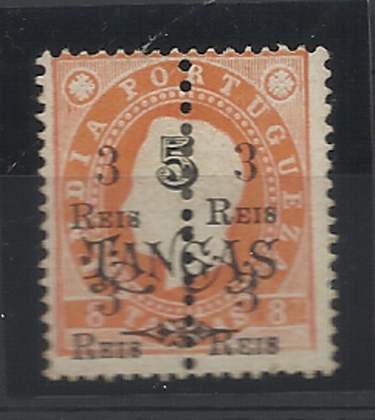 0889.jpg -     Lote:    889            Índia       Descrição:         1911/13 &mdash; D. Luís I com sobretaxa e perfurados "a meio", sobre selos com sobrecarga da emissão de 1902. CE222, 1 real s/ 5T s/ 8T laranja, denteado 13 &frac12;. Sobrecarga B. Selo completo com dupla sobretaxa final.        *       Valor Base:     &euro; 20,00     Valor Venda:     &euro; 34,00     
