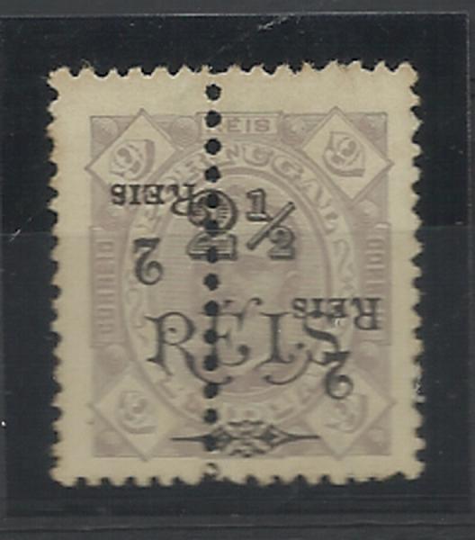 0892.jpg -     Lote:    892            Índia       Descrição:         1911/13 &mdash; D. Carlos I com sobretaxa e perfurados "a meio", sobre selos com sobrecarga da emissão de 1902. CE227, 2 reis s/ 2 &frac12; reis s/ 9 reis lilás, denteado 12 &frac12;. Sobrecarga A. Selo completo com a sobretaxa final invertida.        *       Valor Base:     &euro; 20,00     Valor Venda:     &euro; 70,00     