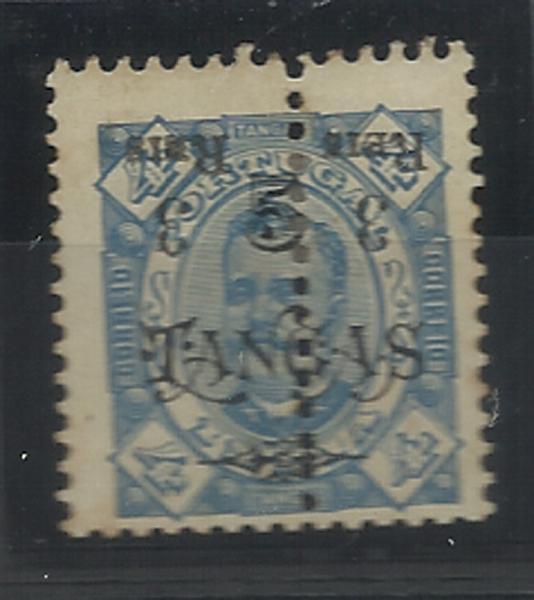 0894.jpg -     Lote:    894            Índia       Descrição:         1911/13 &mdash; D. Carlos I com sobretaxa e perfurados "a meio", sobre selos com sobrecarga da emissão de 1902. CE229, 3 reis s/ 5T s/ 4T azul, denteado 11 &frac12;. Sobrecarga B. Selo completo com a sobretaxa final invertida.        *       Valor Base:     &euro; 20,00     Valor Venda:     &euro; 42,00     