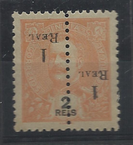 0895.jpg -     Lote:    895            Índia       Descrição:         1911/13 &mdash; D. Carlos I com sobretaxa e perfurados "a meio", sobre selos de 1903. CE230, 1 real s/ 1 real laranja, sobrecarga A, papel amarelado. Selo completo com a sobretaxa invertida.        **       Valor Base:     &euro; 12,00     Valor Venda:     &euro; 28,00     