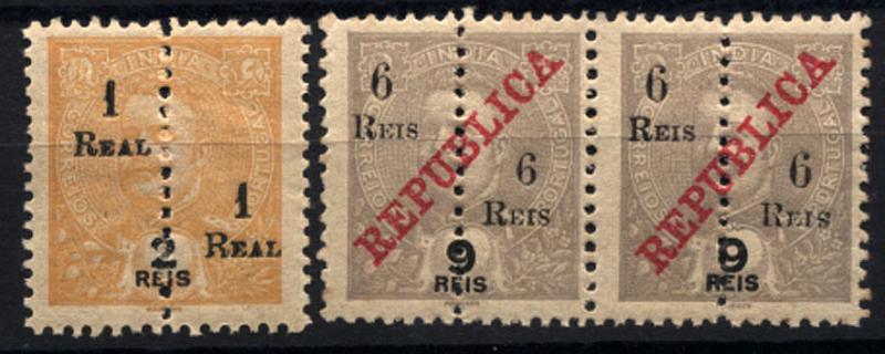 0897.jpg -     Lote:    897            Índia       Descrição:         1911 &mdash; D. Carlos I, com sobretaxa, perfurados ao meio + D. Carlos I com sobrecarga REPUBLICA e sobretaxa, perfurados ao meio. Lote composto por: selo de 1 real s/ 2 reis amarelo CE230 com defeito de impressão na sobretaxa + par de 6 reis s/ 9 reis CE245: o primeiro selo com "6" pequeno e o segundo selo com "s" invertido em "reis".        **       Valor Base:     &euro; 10,00     Valor Venda:     &euro; 24,00     
