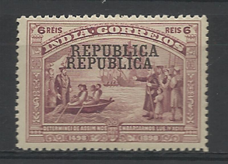 0927.jpg -     Lote:    927            Índia       Descrição:         1913 &mdash; 4.º Centenário do Descobrimento do Caminho Marítimo para a Índia, com sobrecarga REPUBLICA da Casa da Moeda. CE248, 6 reis violeta, com dupla sobrecarga. Não catalogada.         **       Valor Base:     &euro; 12,00     Valor Venda:     &euro; 12,00     