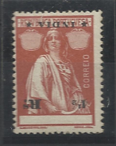 0936.jpg -     Lote:    936            Índia       Descrição:         1914 &mdash; Ceres. CE259, 4 &frac12; reis tijolo, papel porcelana, denteado 15x14, estrelas II/II. Selo com a impressão da taxa e legenda invertida. MB.        **       Valor Base:     &euro; 10,00     Valor Venda:     &euro; 14,00     