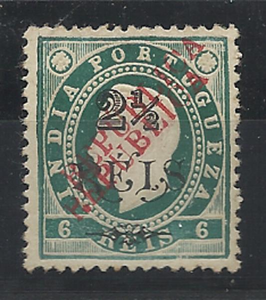 0956.jpg -     Lote:    956            Índia       Descrição:         1914 &mdash; D. Luís I de 1902 com sobrecarga REPUBLICA tipografada localmente. CE282, 2 &frac12; reis s/ 6 reis verde, denteado 12 &frac12;, com dupla sobrecarga.         *       Valor Base:     &euro; 20,00     Valor Venda:     &euro; 28,00     
